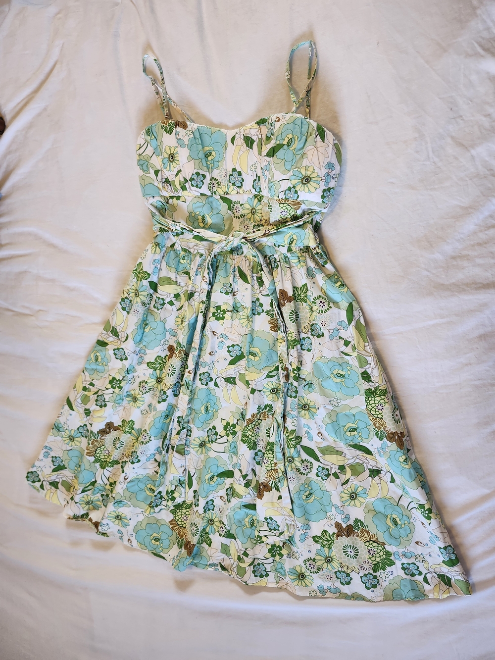 Y2K Floral Midi Dress with Tie Waist - Aqua & Green